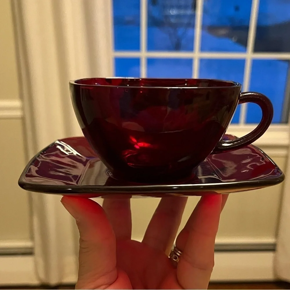 Anchor Hocking Royal Ruby Red Charm Square Tea Cup and Saucer Vintage